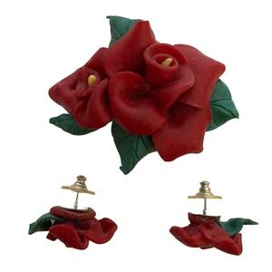 Vintage Clay Red Rose Pin Up Brooch Earring Set Handmade Flower Green Leaves